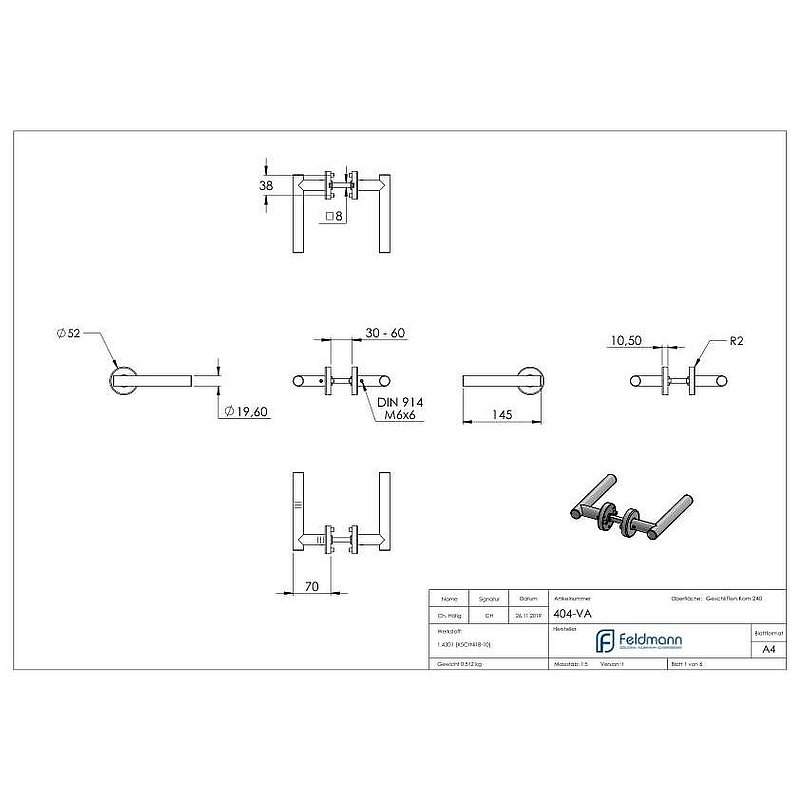 Pair of lever handles, rotatable, AISI304