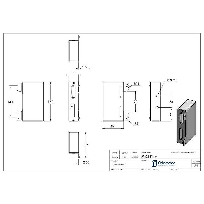 Gâche de serrure rectangulaire, avec entraxe 72mm, à souder, 40mm, acier