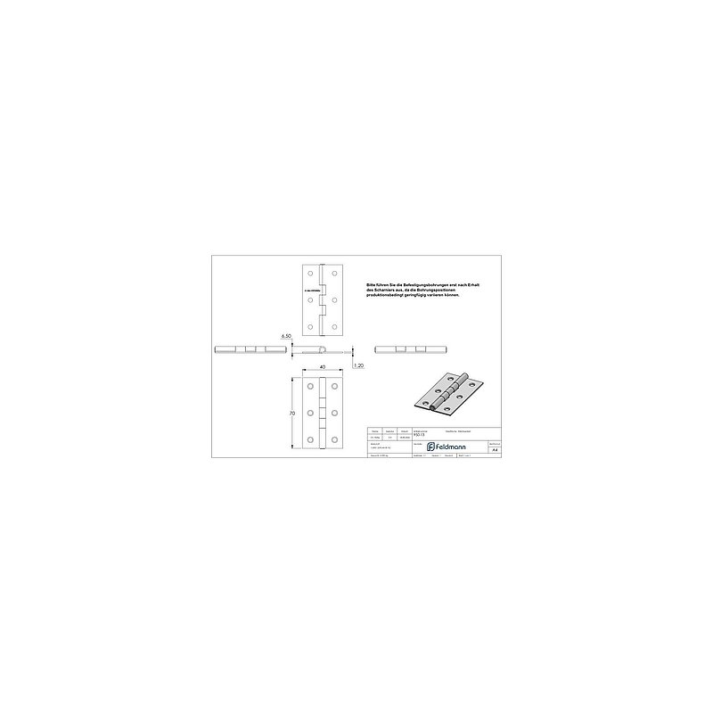 Edelstahl-Scharnier 70x40mm mit festem Zapfen