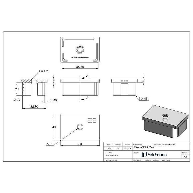 Einsteckkappe, für Rohr 60x40x2,0mm mit M8 Gewinde, V2A