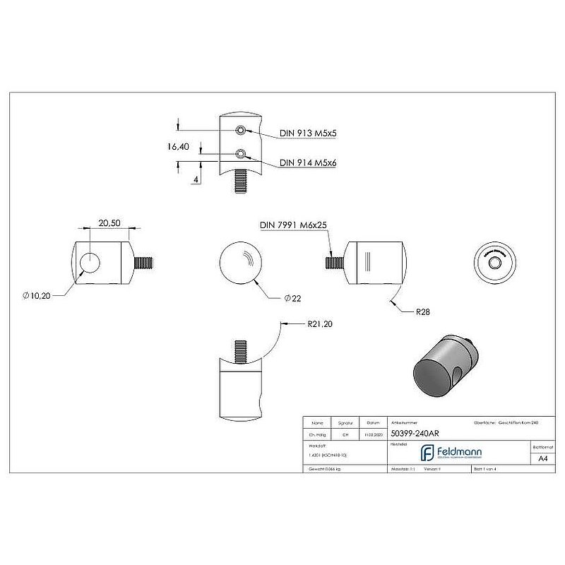 Cross bar end bracket for 42.4 mm tube with blind hole right 10.2 mm, AISI304