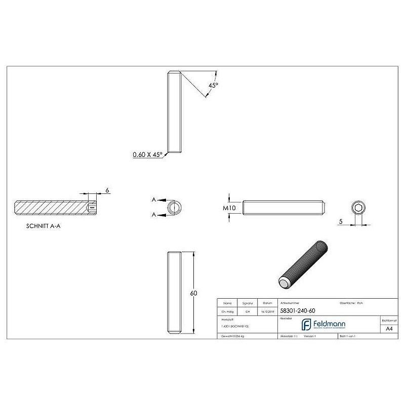 Grub screw M10x60, AISI304, DIN 913 / ISO 4026