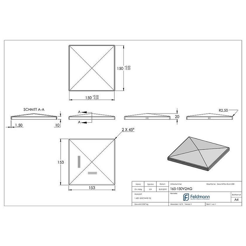 Pyramid cap, for tube 150x150mm, AISI304