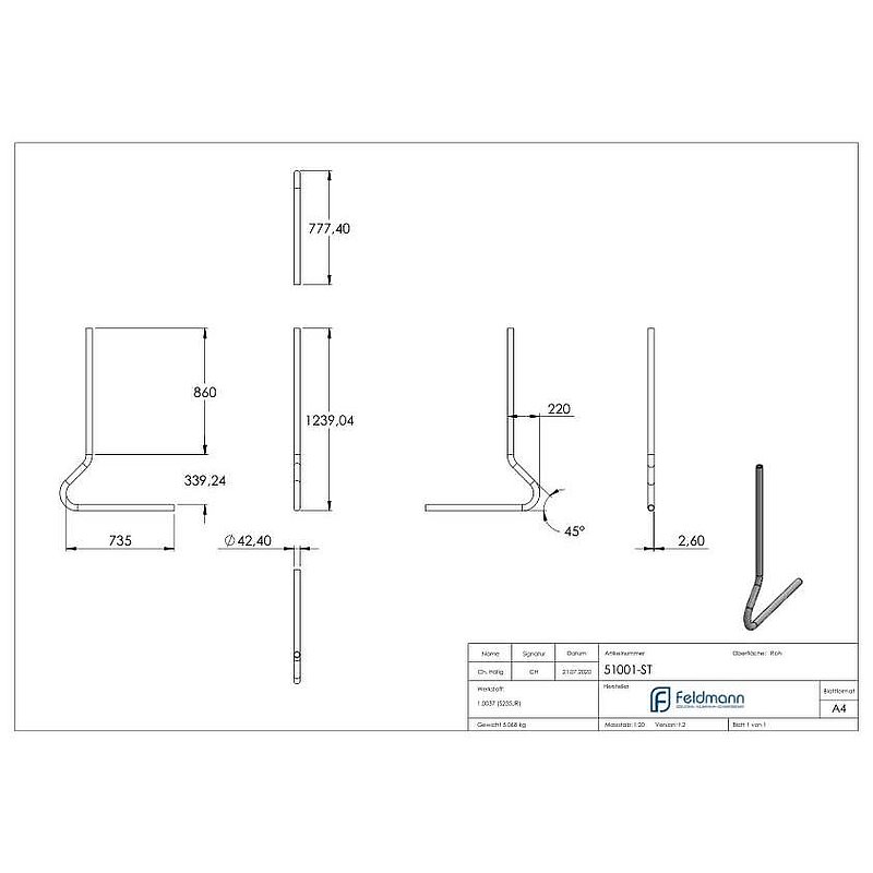 Pfosten gebogen aus Rundrohr 42,4 x 2,5mm, S235