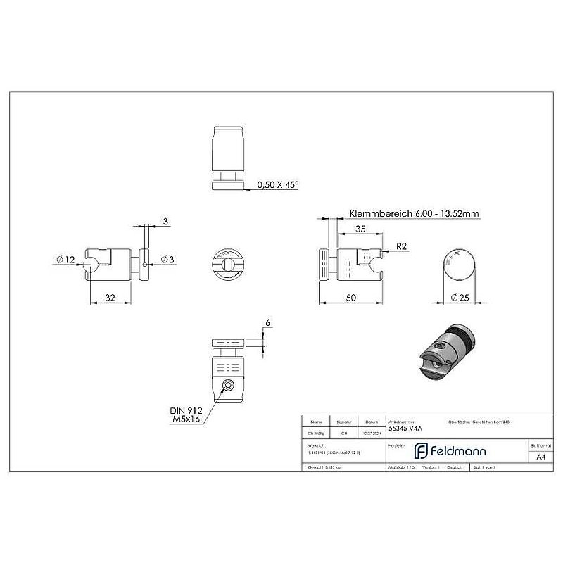 Point de fixation sur verre Ø 25mm avec pince support de lisse, V4A