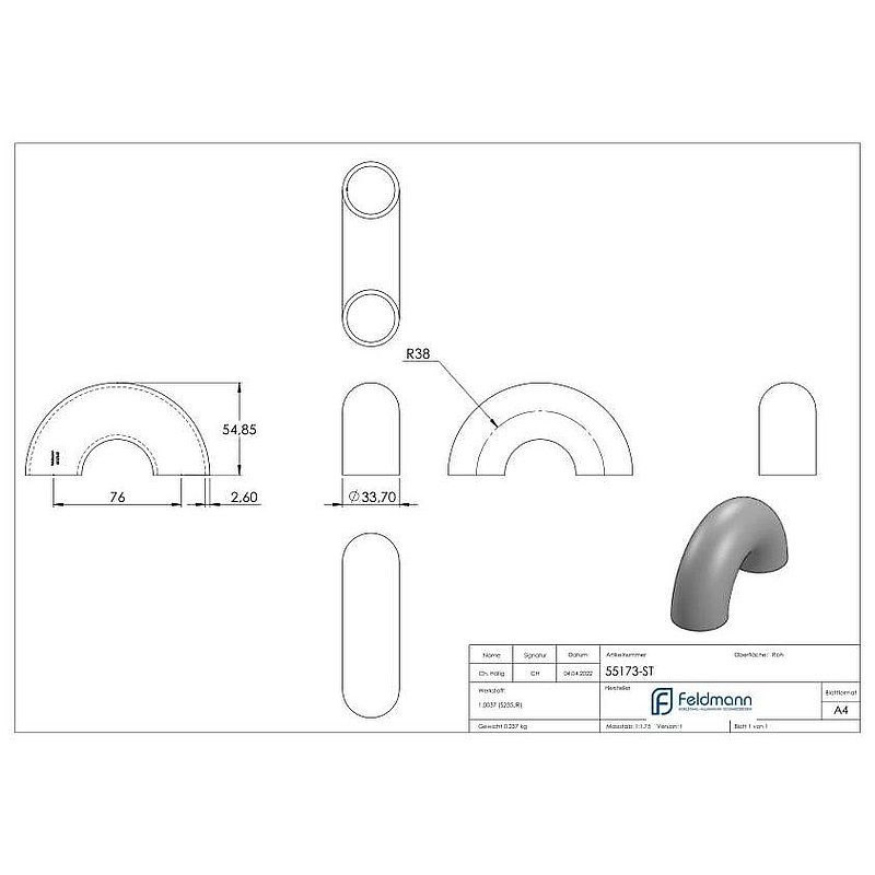 Schweißbogen 180°, 33,7x2,6mm