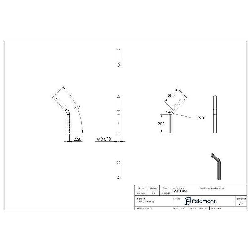 Tube bend 45°, made from 33.7x2.5mm tube, AISI304