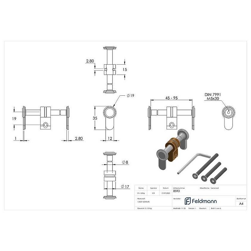 Blindzylinder variabel für Türstärken 45 - 95mm