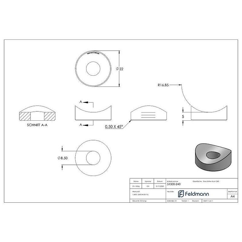 Ausgleichsstück (ohne Senkung) für Rohr 33,7mm, Ø 22mm, V2A