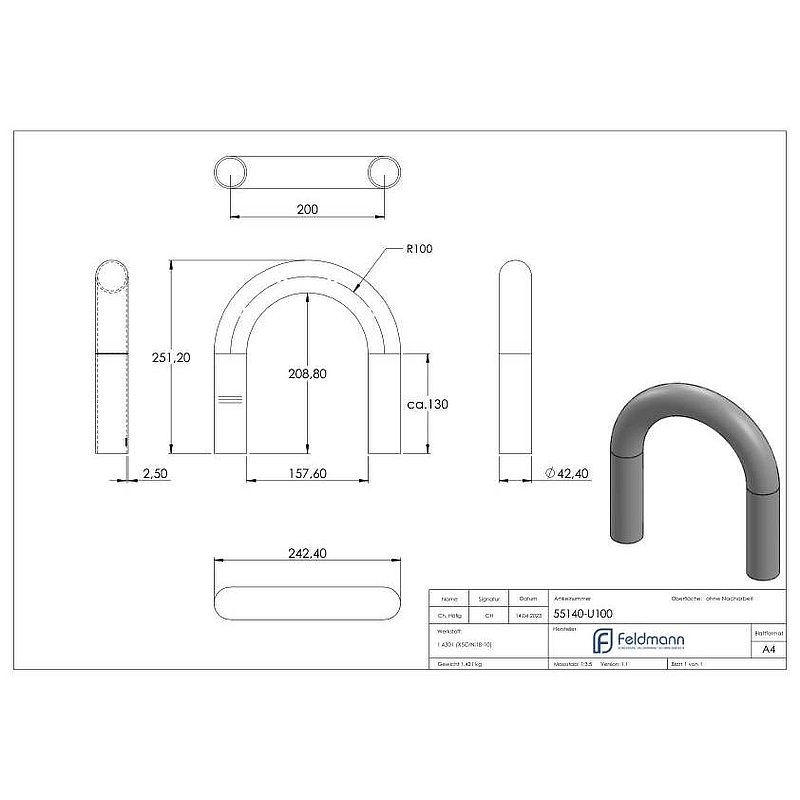 Tube bend 180°, made from 42.4x2.5mm tube, AISI304