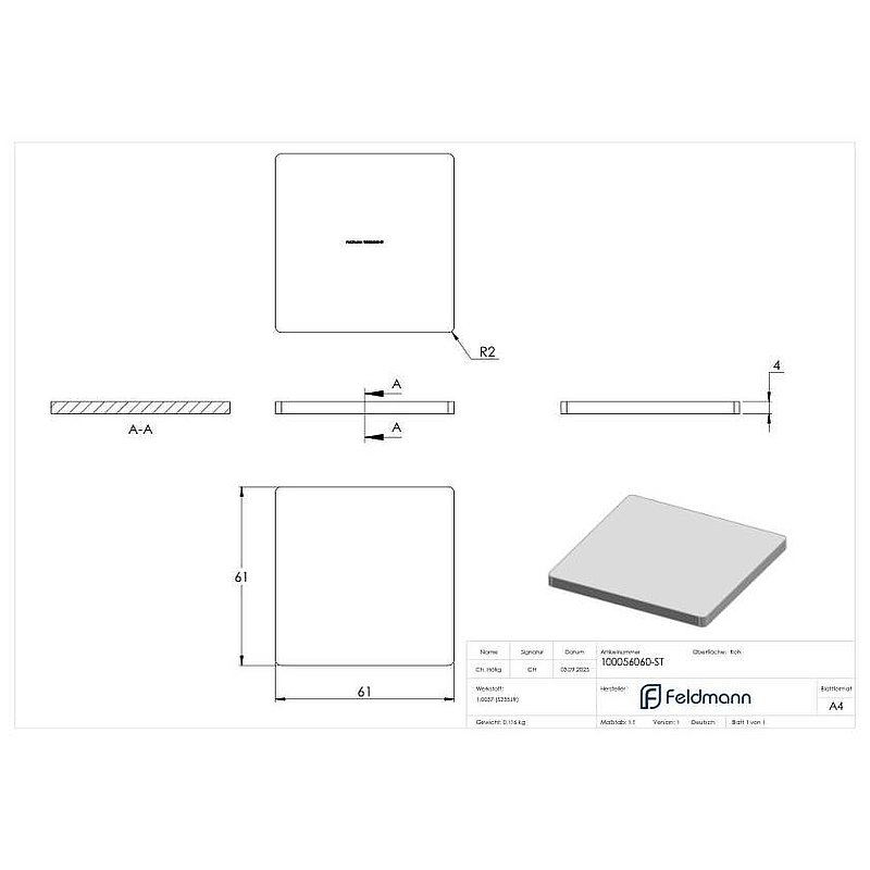 Flachkappe 60 x 60 x 4,0mm, Stahl roh