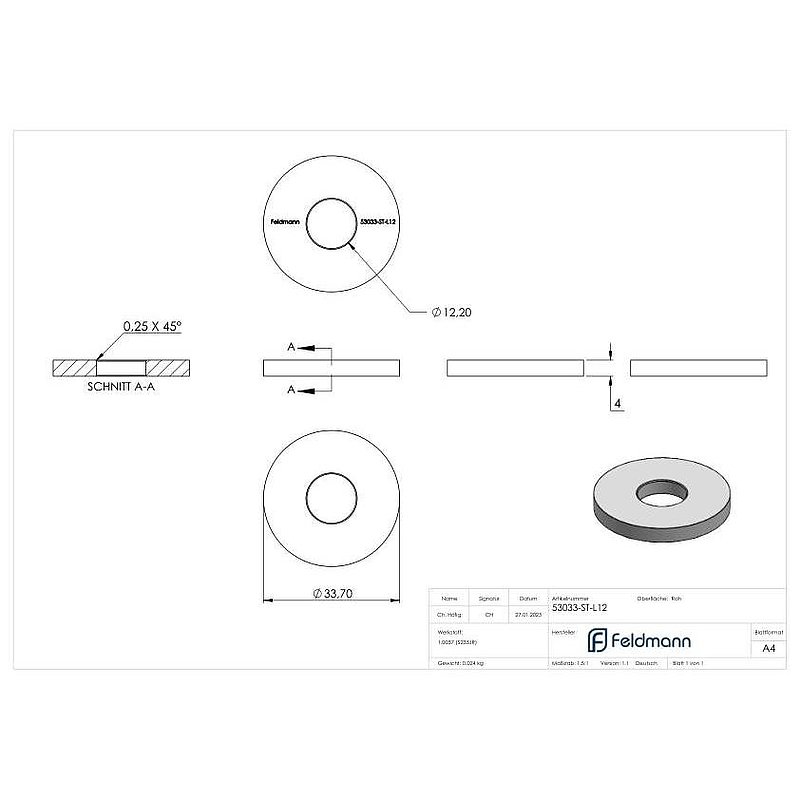 Plate 33.7x4mm with 12.2mm borehole