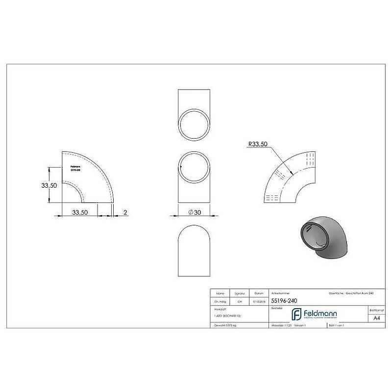 Schweißbogen 90°, 30,0x2,0mm, V2A