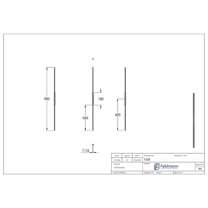 Zwischenstab 12x12mm, gerillt, H: 900mm