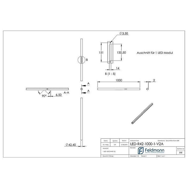 Stainless steel tube 42.4x2.0mm for LED modules, AISI304