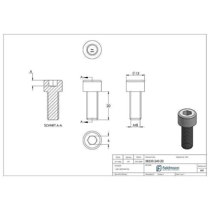 Zylinderkopfschraube M8x20, V2A, DIN 912