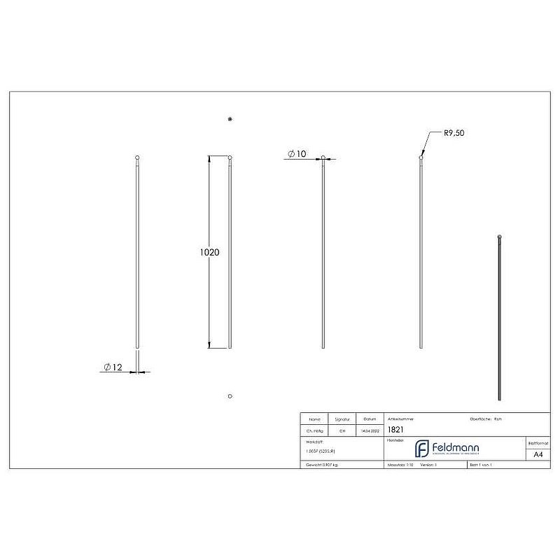 Barre de clôture Ø12mm, H : 1020mm, boule 19mm