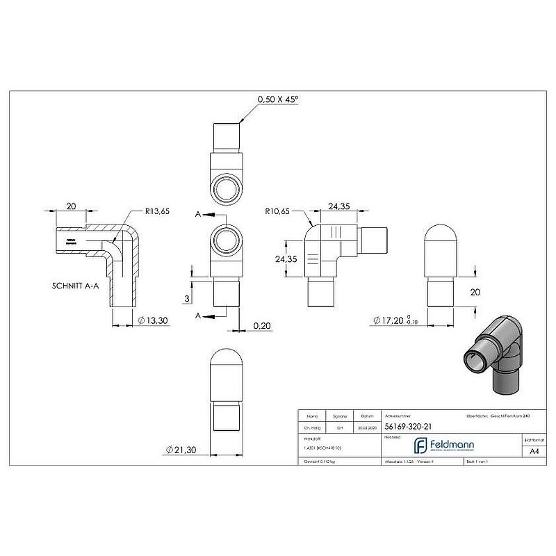 Rohrbogen 90° eng, für Rohr 21,3x2,0mm, V2A