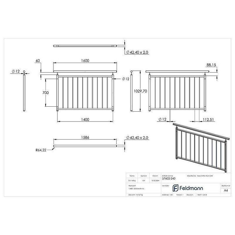 French balcony grille, straight, W: 1.4m, AISI304