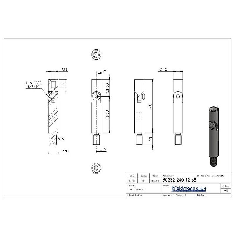 Tige articulée Ø 12mm, L: 68mm, V2A