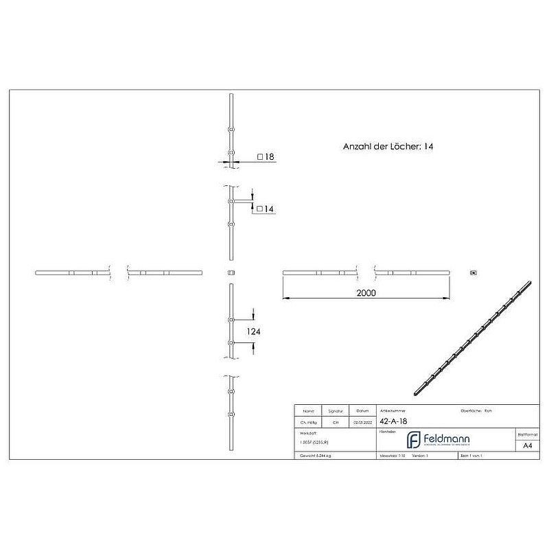 Perforated strip S235JR, 18x18mm, hole spacing 124mm, 2000mm