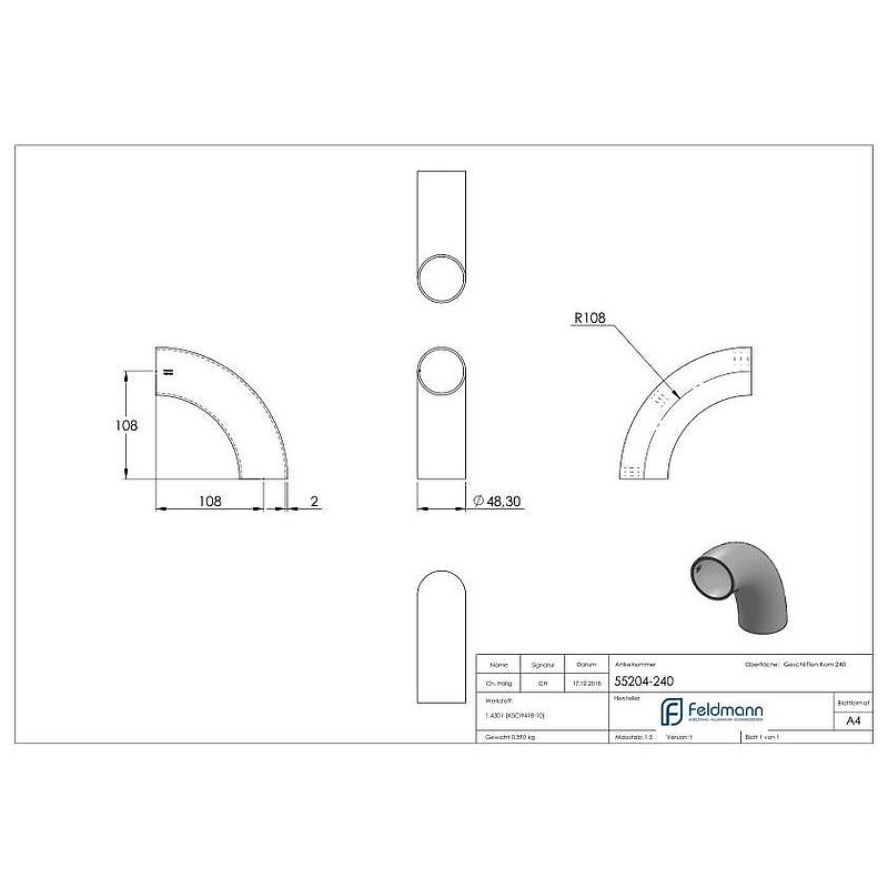 Welding elbow 90°, 48,3x2,0mm, AISI304