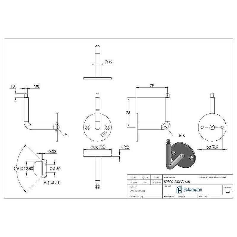 Handlaufhalter mit oben Außengewinde M8 (Ronde und Bügel verschraubt), V2A