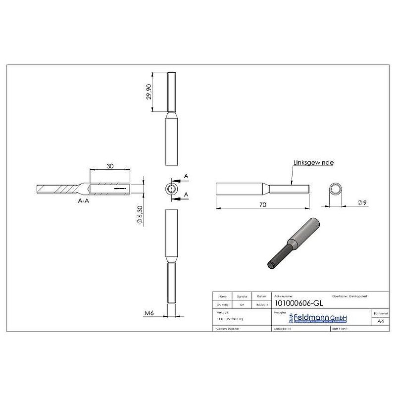 Gewindeterminal für Seil 6mm, V2A