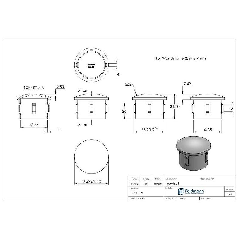 Bouchon en acier, pour tube 42,4mm
