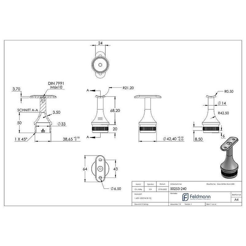 Rohrabschlussstopfen für Rohr 42,4x2,0mm, Handlaufanschlussplatte: 42,4mm, V2A