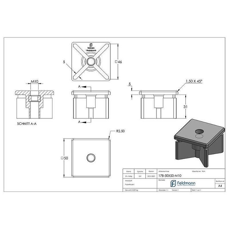 Kunststoffkappe für Quadratrohr 50x50mm mit M10