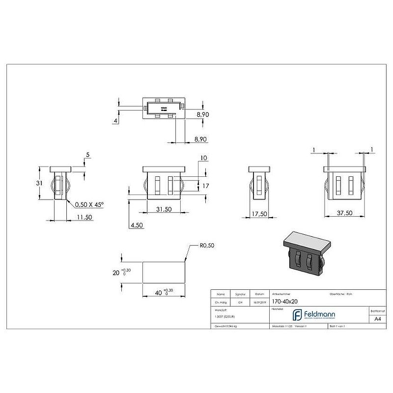 Steel end cap, for, rectangular tube 40x20mm