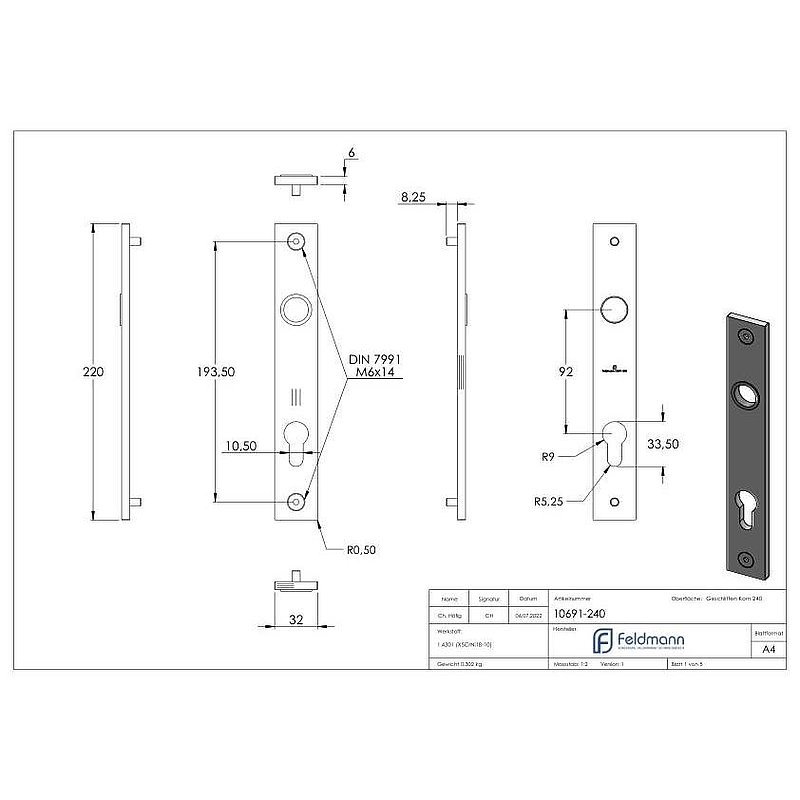 Long backplate, dimension: 32x220x6mm, AISI304