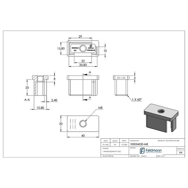 Einsteckkappe, für Rohr 40x20x2,0mm, V4A