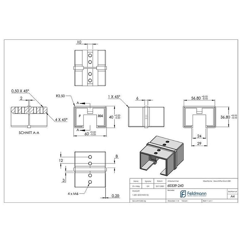 Connector for rectangular slotted tube 60x40mm, AISI304