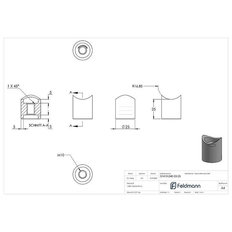 Wall bracket for tube 33.7mm, L: 25mm, AISI304