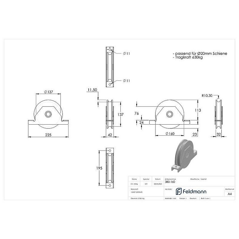 Galet de portail coulissant, rainure ronde, Ø 160mm, pour rail Ø 20mm, 2 roulements à billes, galv.
