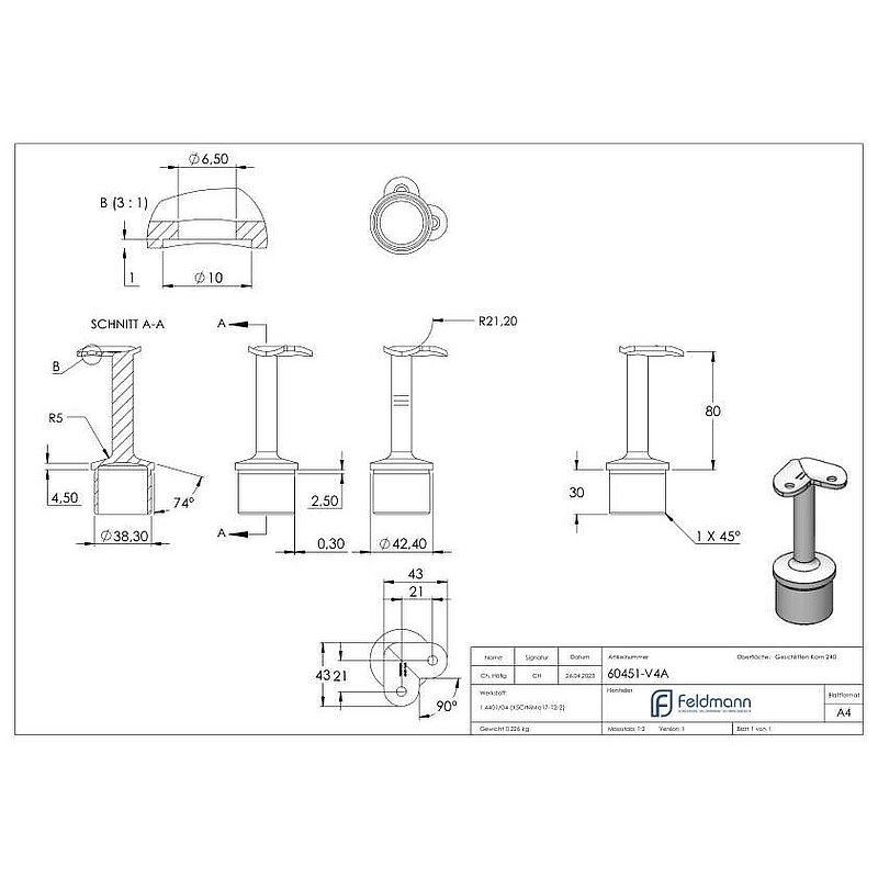 Rohrabschlussstopfen für Rohr 42,4x2,0mm, Handlaufanschlussplatte 90°, V4A