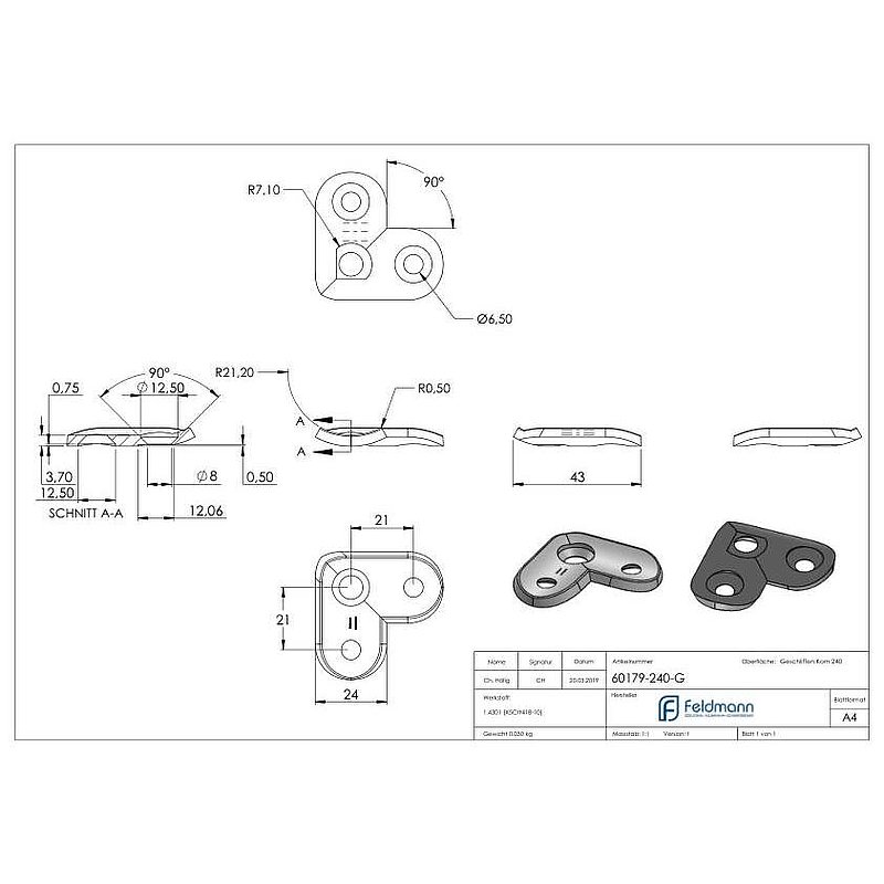 Handlaufanschlussplatte 90°, 42,4mm, Bohrungen gesenkt, V2A