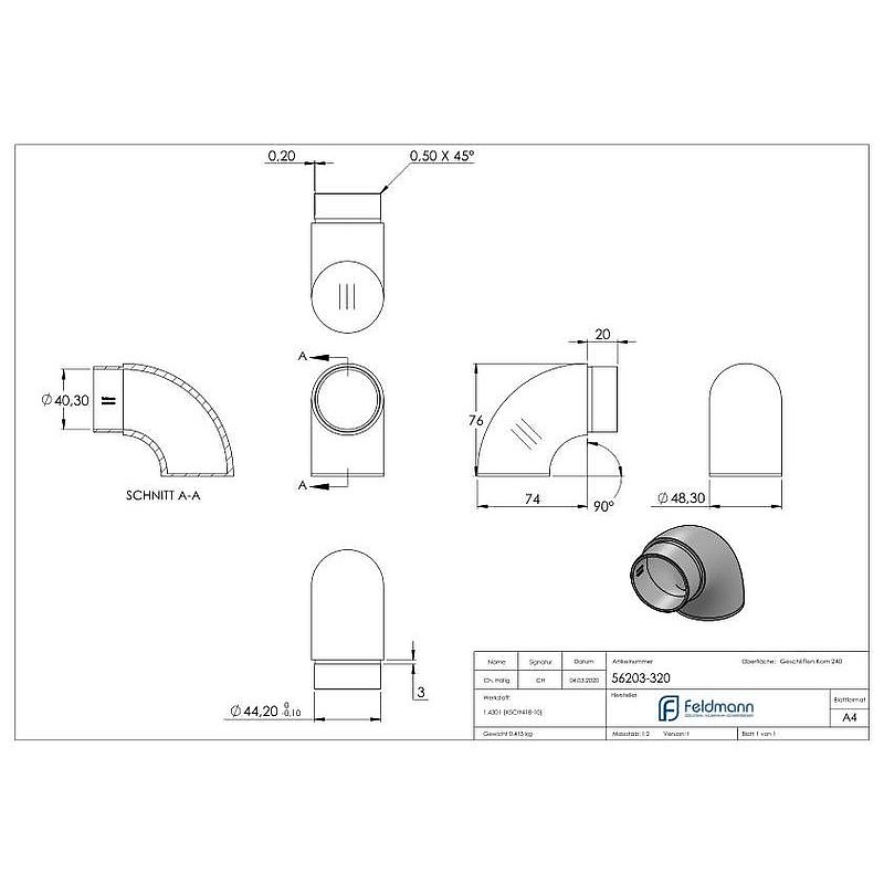 End bend 90° flat, for tube 48.3x2.0mm, AISI304