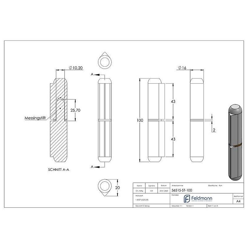Anschweißband mit Messingring und -stift, Länge: 100mm