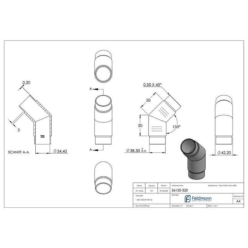 Coude à 135° droit, pour tube Ø 42,4x2,0mm, V2A