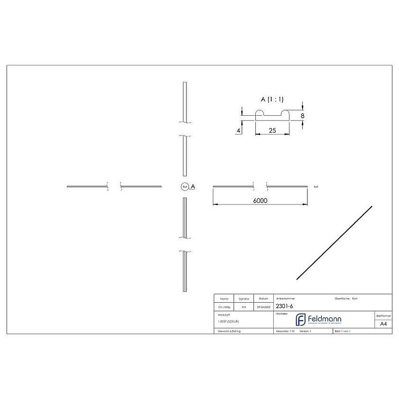 Hespeneisen S235JR, 25x8x4mm, L: 6000mm