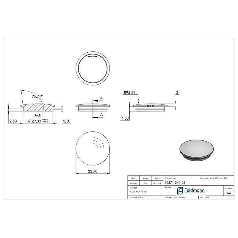 Tube end plug, for tube 33.7x2.5mm, AISI304