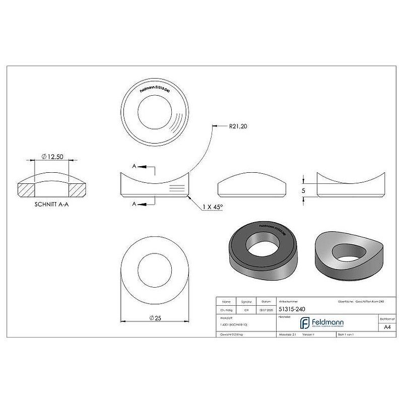 Ausgleichsstück (ohne Senkung) für Rohr 42,4mm, Ø 25mm, V2A