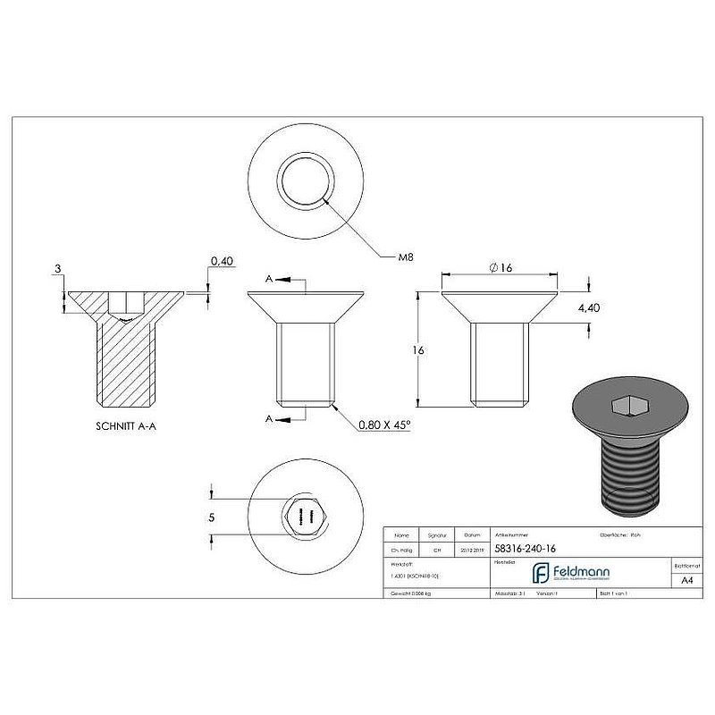Countersunk head screw M8x16, AISI304, ISO 10642