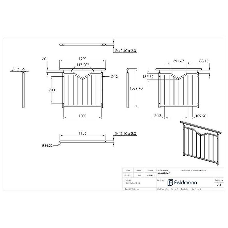 French balcony grille, with V-cutout, W: 1000mm, AISI304