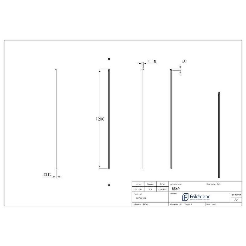 Fence bar 12x12mm, H: 1200mm, compressed head