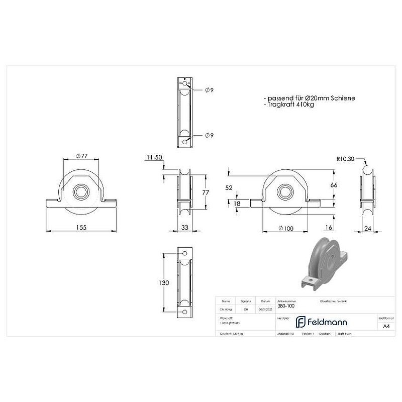 Schiebetorrolle mit Rundrille, Ø 100mm, für Schiene Ø 20mm, 2 Kugellager, verzinkt