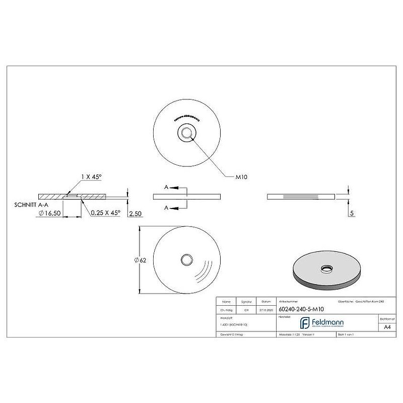 Unterteil für 62mm Glaspunkthalter, t: 5mm, mit M10, V2A
